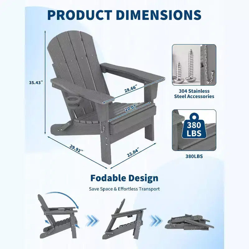 Fauteuils Adirondack pliables, chaises d'extérieur en PEHD tout temps avec texture bois et porte-gobelets pour patio, foyer extérieur et jardin, blanc