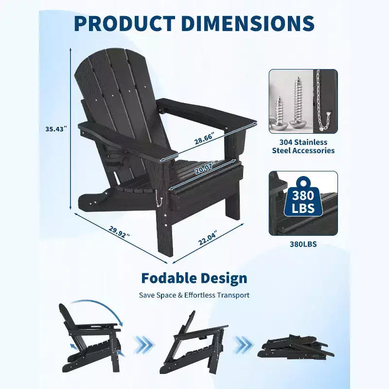 Fauteuils Adirondack pliables, chaises d'extérieur en PEHD tout temps avec texture bois et porte-gobelets pour patio, foyer extérieur et jardin, blanc