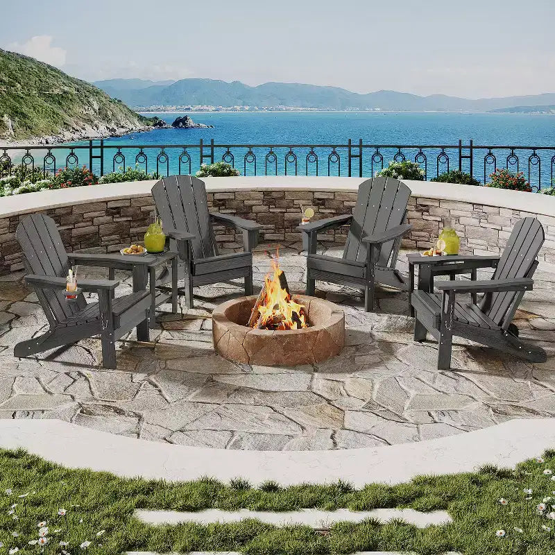 Fauteuils Adirondack pliables, chaises d'extérieur en PEHD tout temps avec texture bois et porte-gobelets pour patio, foyer extérieur et jardin, blanc