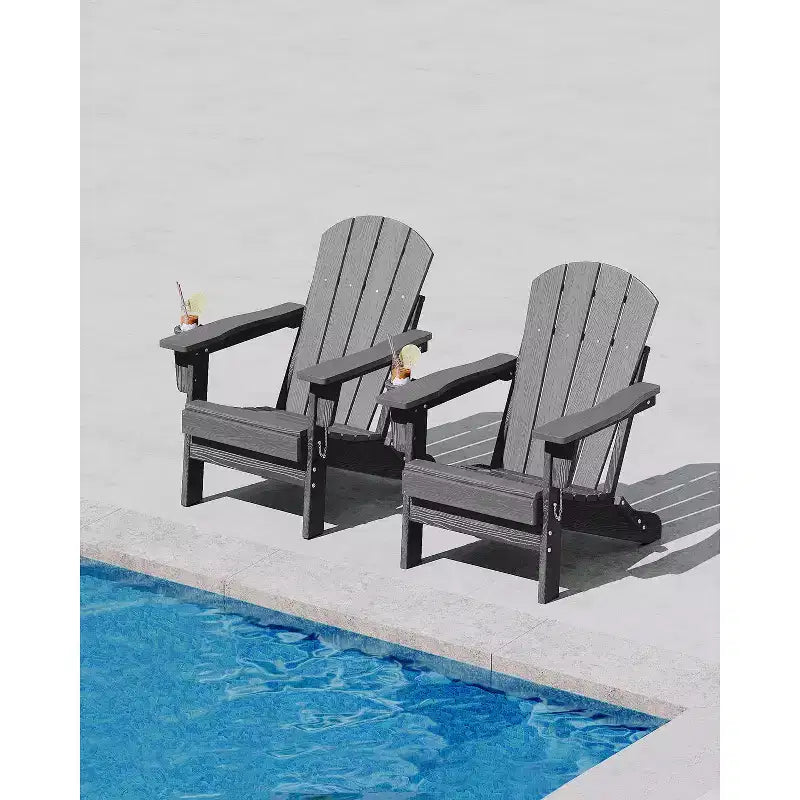 Fauteuils Adirondack pliables, chaises d'extérieur en PEHD tout temps avec texture bois et porte-gobelets pour patio, foyer extérieur et jardin, blanc