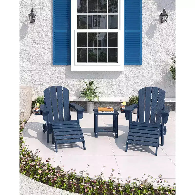 Fauteuils Adirondack pliables, chaises d'extérieur en PEHD tout temps avec texture bois et porte-gobelets pour patio, foyer extérieur et jardin, blanc