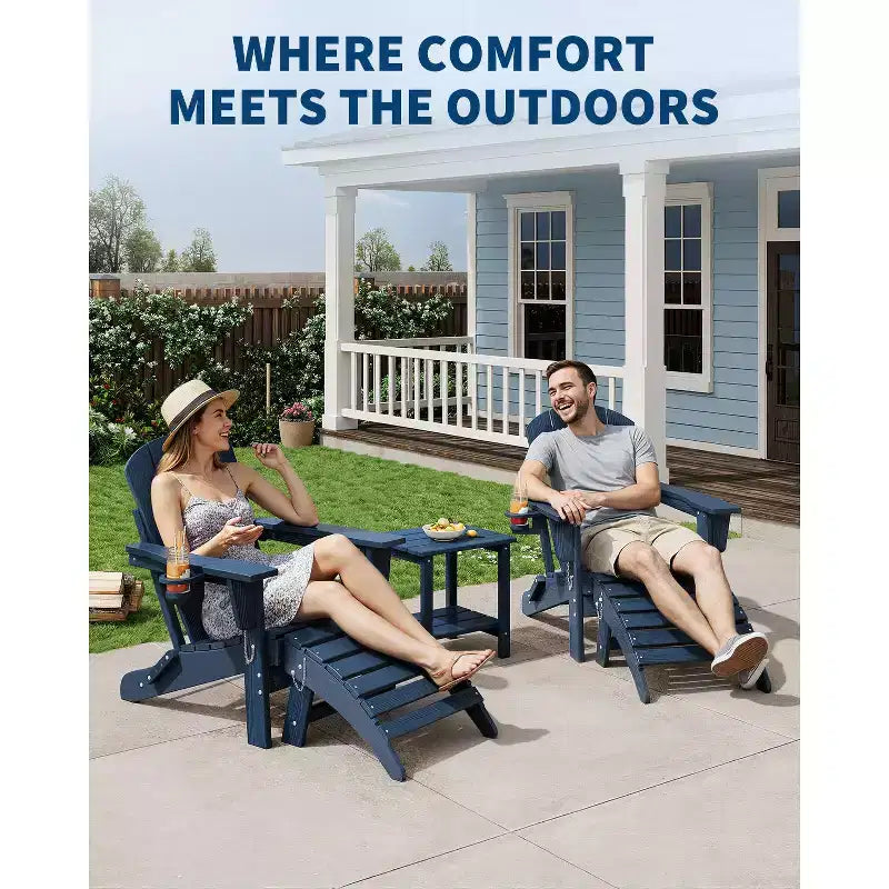 Fauteuils Adirondack pliables, chaises d'extérieur en PEHD tout temps avec texture bois et porte-gobelets pour patio, foyer extérieur et jardin, blanc