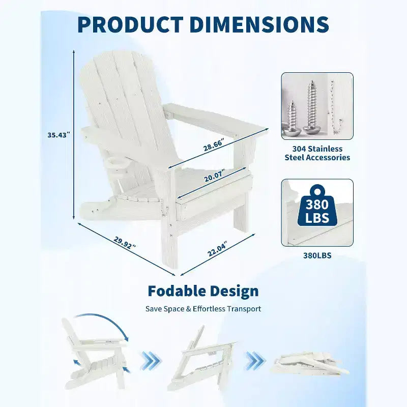 Fauteuils Adirondack pliables, chaises d'extérieur en PEHD tout temps avec texture bois et porte-gobelets pour patio, foyer extérieur et jardin, blanc