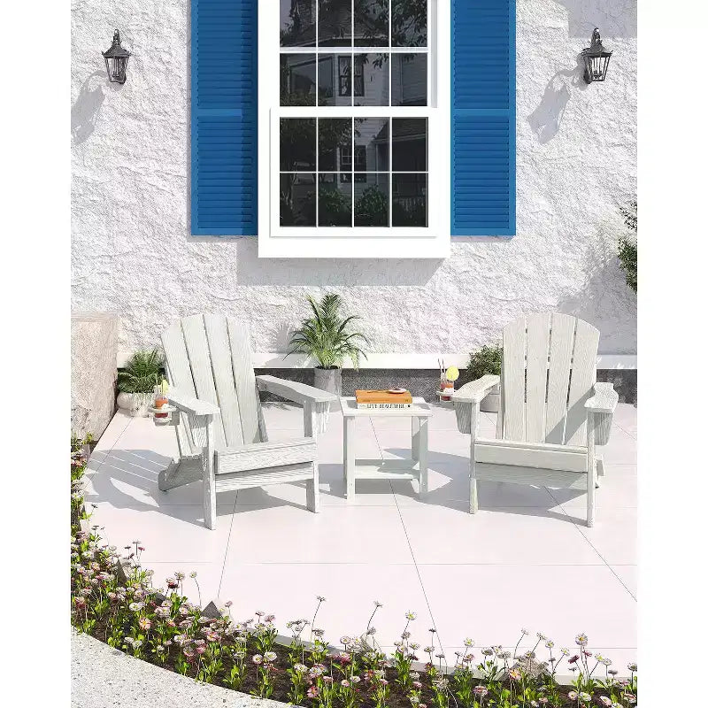 Fauteuils Adirondack pliables, chaises d'extérieur en PEHD tout temps avec texture bois et porte-gobelets pour patio, foyer extérieur et jardin, blanc