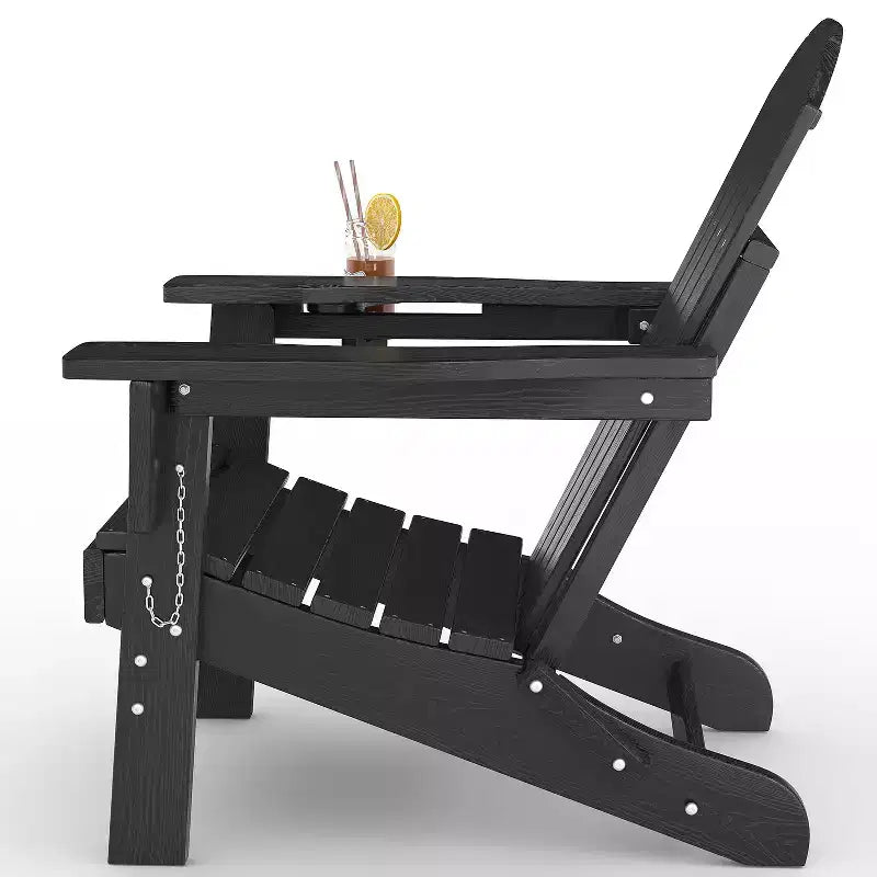 Fauteuils Adirondack pliables, chaises d'extérieur en PEHD tout temps avec texture bois et porte-gobelets pour patio, foyer extérieur et jardin, blanc