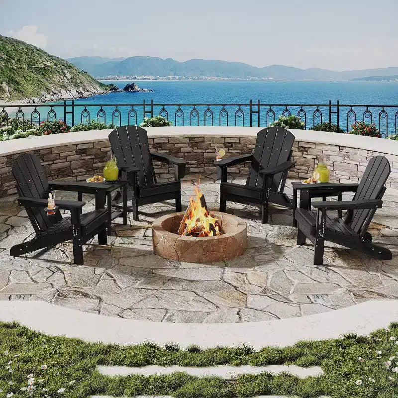 Fauteuils Adirondack pliables, chaises d'extérieur en PEHD tout temps avec texture bois et porte-gobelets pour patio, foyer extérieur et jardin, blanc