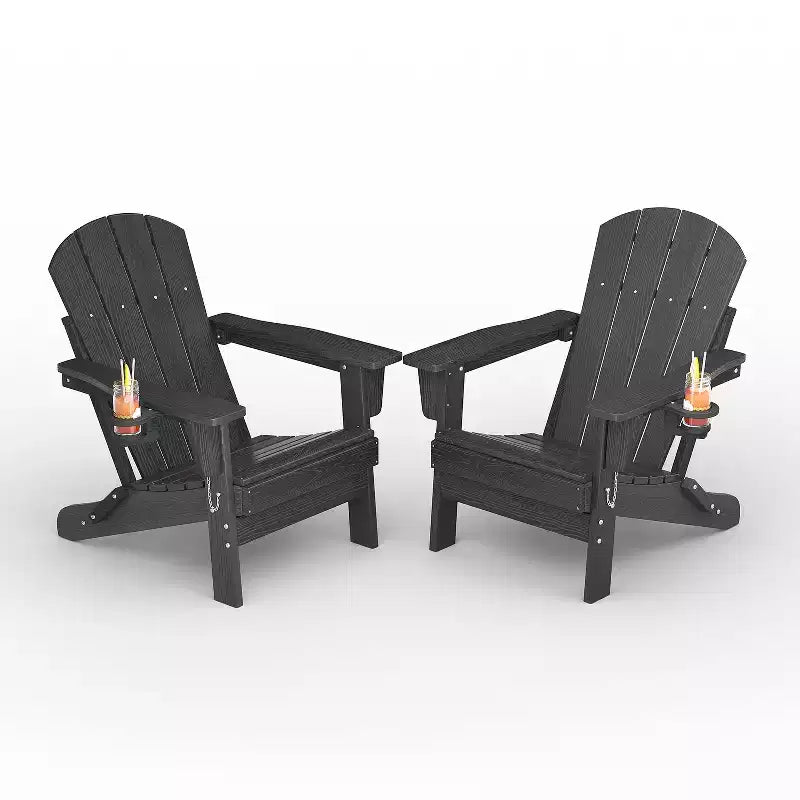 Folding Adirondack Chairs, All-Weather HDPE Outdoor Seating with Wood Texture & Cup Holders for Patio, Fire Pit, and Garden,White