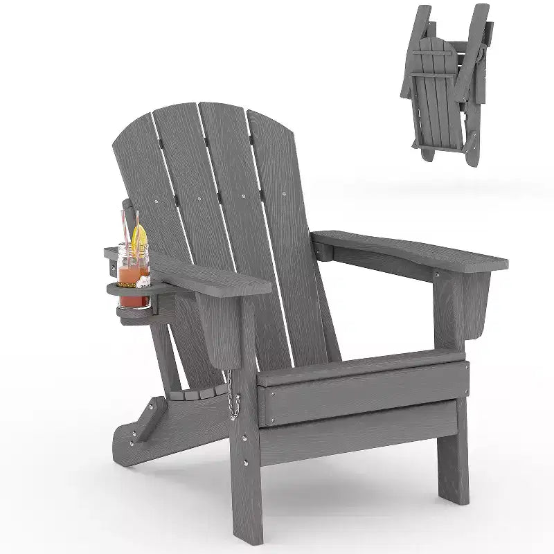 Folding Adirondack Chairs, All-Weather HDPE Outdoor Seating with Wood Texture & Cup Holders for Patio, Fire Pit, and Garden,White