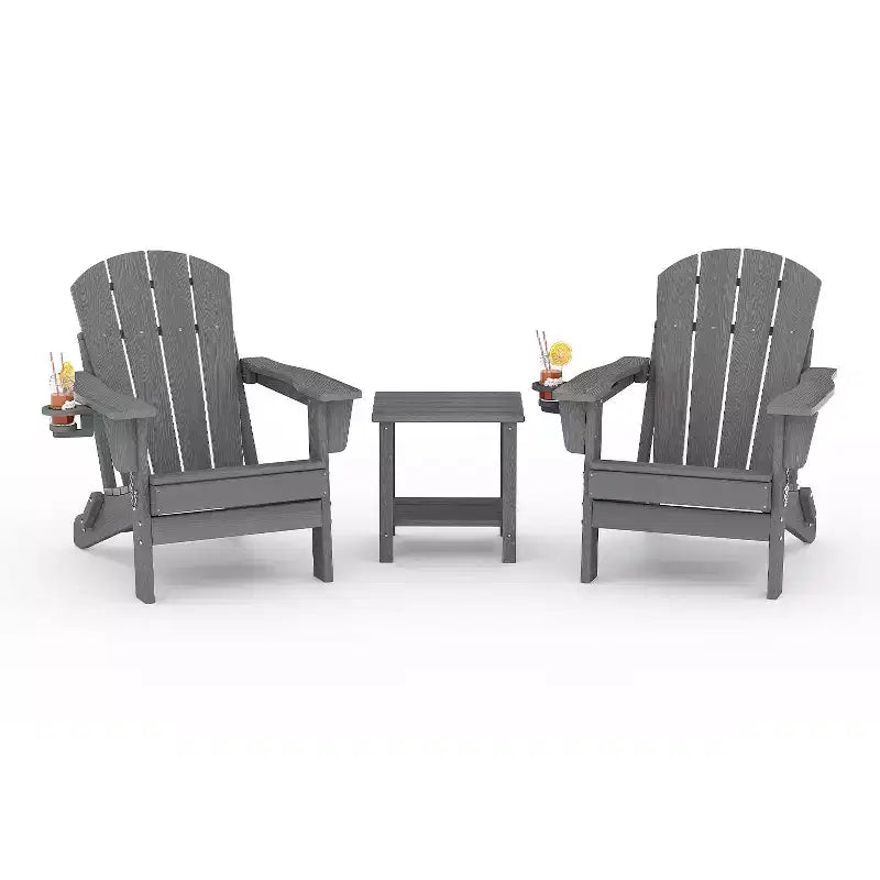 Folding Adirondack Chairs, All-Weather HDPE Outdoor Seating with Wood Texture & Cup Holders for Patio, Fire Pit, and Garden,White