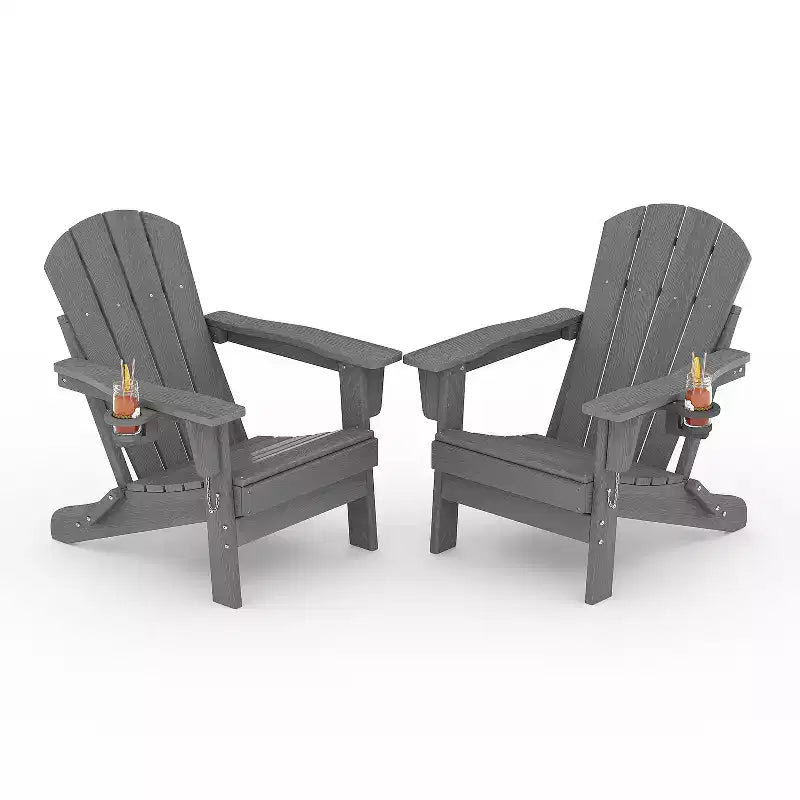 Folding Adirondack Chairs, All-Weather HDPE Outdoor Seating with Wood Texture & Cup Holders for Patio, Fire Pit, and Garden,White