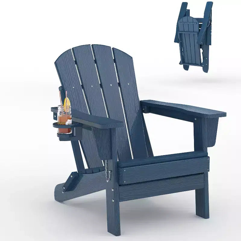 Folding Adirondack Chairs, All-Weather HDPE Outdoor Seating with Wood Texture & Cup Holders for Patio, Fire Pit, and Garden,White