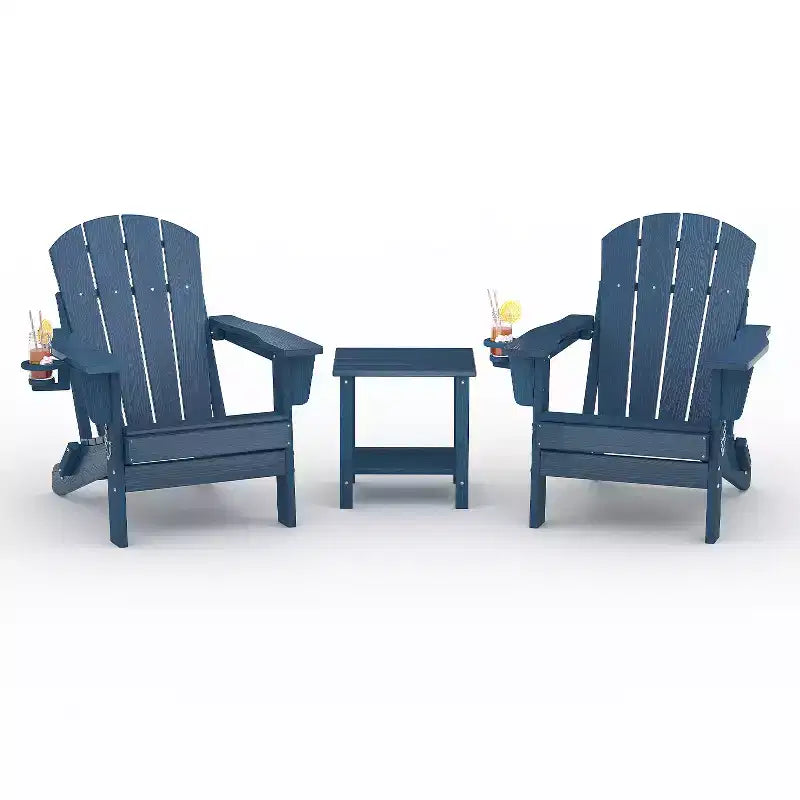 Folding Adirondack Chairs, All-Weather HDPE Outdoor Seating with Wood Texture & Cup Holders for Patio, Fire Pit, and Garden,White