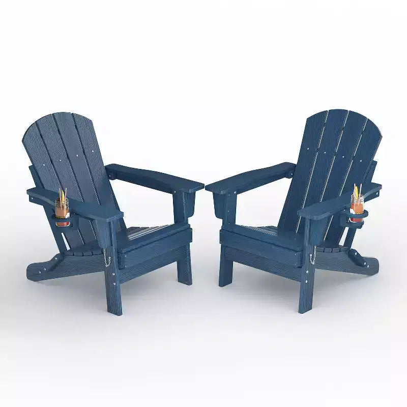 Folding Adirondack Chairs, All-Weather HDPE Outdoor Seating with Wood Texture & Cup Holders for Patio, Fire Pit, and Garden,White