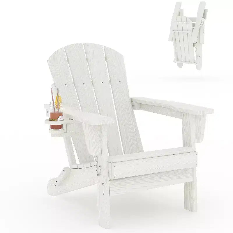 Folding Adirondack Chairs, All-Weather HDPE Outdoor Seating with Wood Texture & Cup Holders for Patio, Fire Pit, and Garden,White