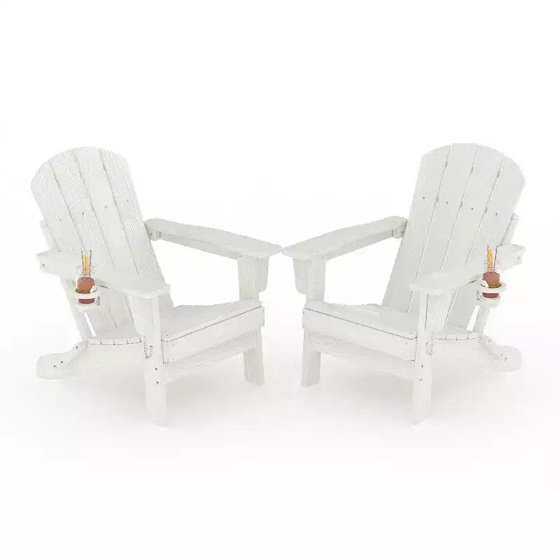 Folding Adirondack Chairs, All-Weather HDPE Outdoor Seating with Wood Texture & Cup Holders for Patio, Fire Pit, and Garden,White