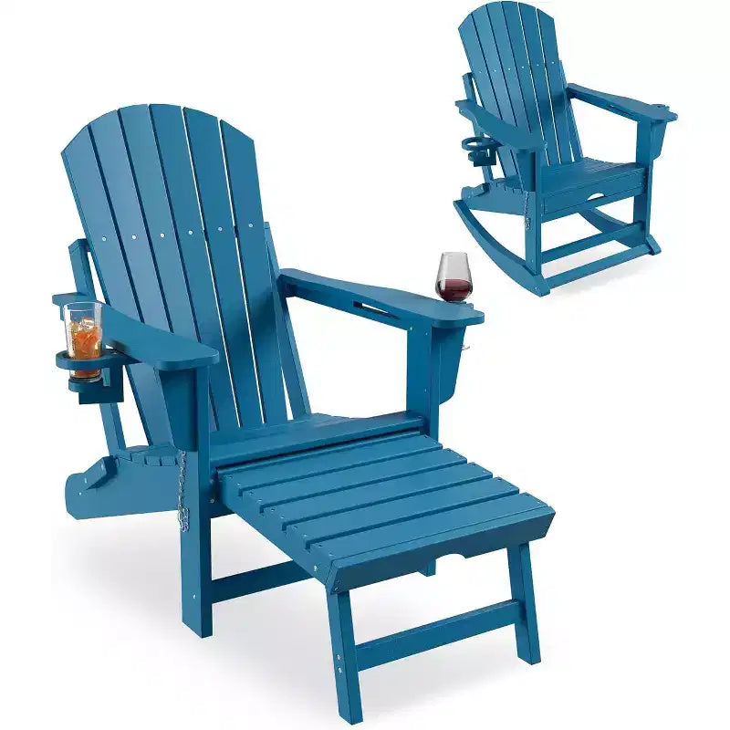 Adirondack Outdoor Rocking Chairs for Porch, Folding Adirondack Rocker Chair With Two Cup Holders, HDPE All Weather Outdoor Adirondacks Rocking Chair