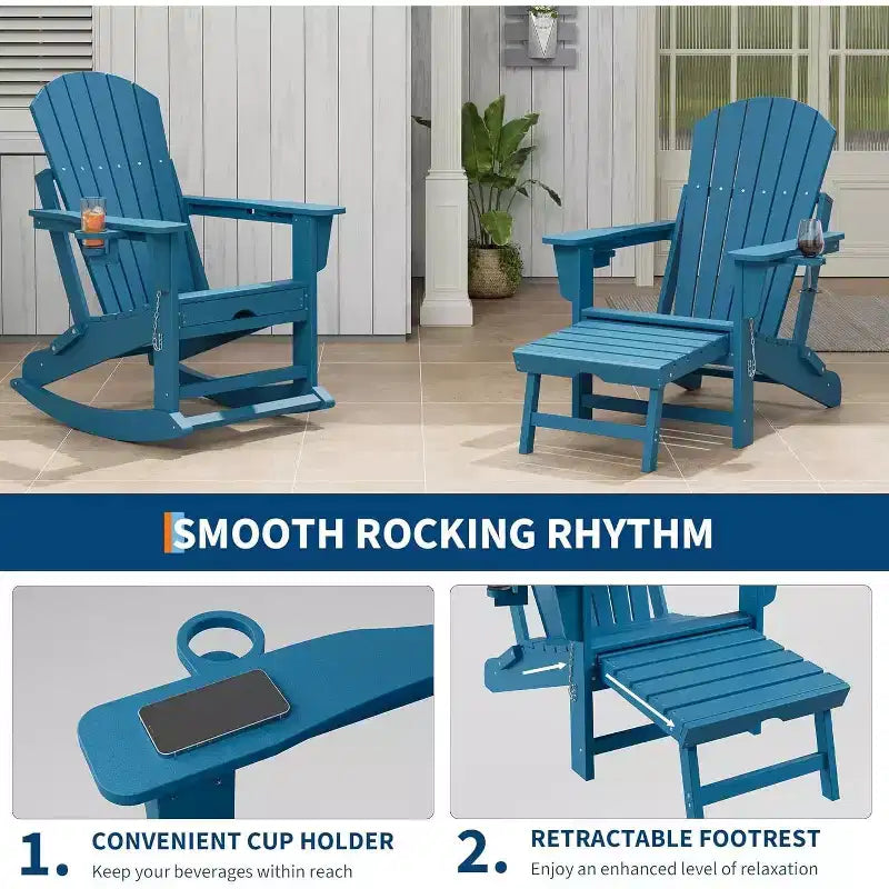 Adirondack Outdoor Rocking Chairs for Porch, Folding Adirondack Rocker Chair With Two Cup Holders, HDPE All Weather Outdoor Adirondacks Rocking Chair