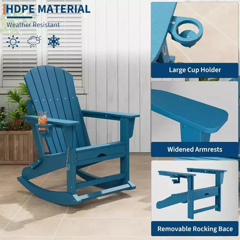 Adirondack Outdoor Rocking Chairs for Porch, Folding Adirondack Rocker Chair With Two Cup Holders, HDPE All Weather Outdoor Adirondacks Rocking Chair