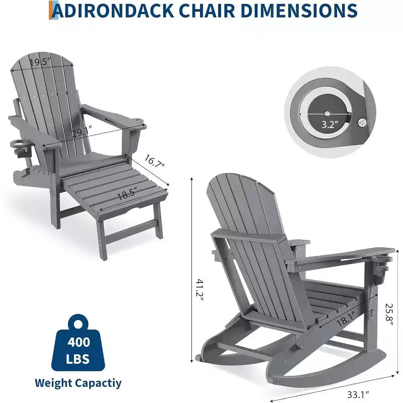 Adirondack Outdoor Rocking Chairs for Porch, Folding Adirondack Rocker Chair With Two Cup Holders, HDPE All Weather Outdoor Adirondacks Rocking Chair
