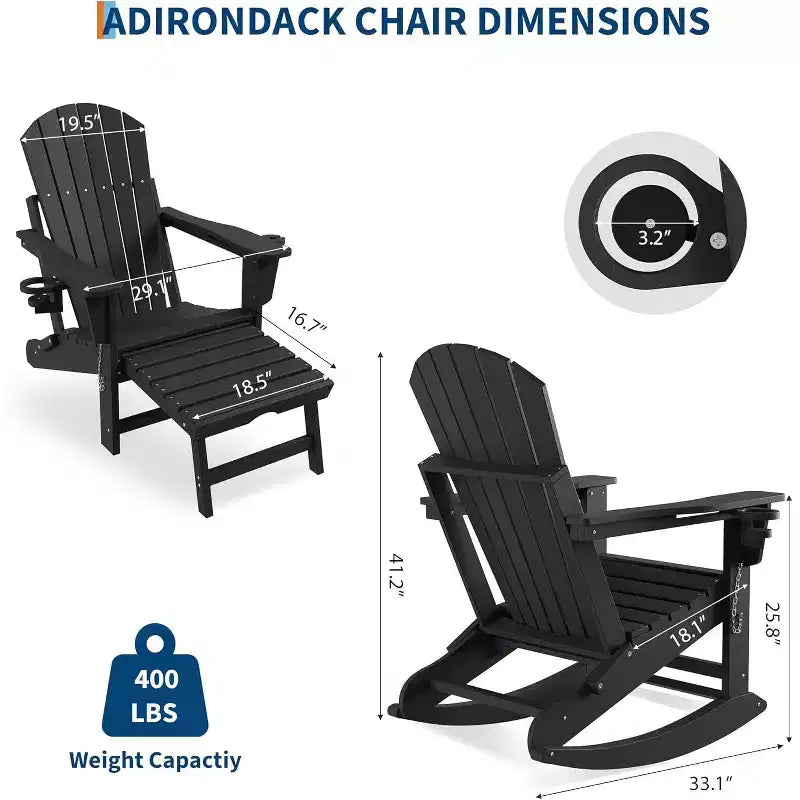 Adirondack Outdoor Rocking Chairs for Porch, Folding Adirondack Rocker Chair With Two Cup Holders, HDPE All Weather Outdoor Adirondacks Rocking Chair