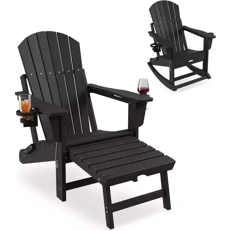 Adirondack Outdoor Rocking Chairs for Porch, Folding Adirondack Rocker Chair With Two Cup Holders, HDPE All Weather Outdoor Adirondacks Rocking Chair