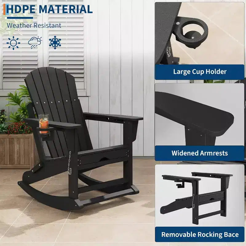 Adirondack Outdoor Rocking Chairs for Porch, Folding Adirondack Rocker Chair With Two Cup Holders, HDPE All Weather Outdoor Adirondacks Rocking Chair