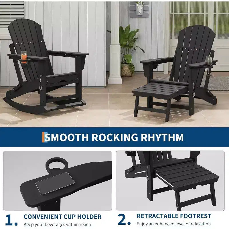 Adirondack Outdoor Rocking Chairs for Porch, Folding Adirondack Rocker Chair With Two Cup Holders, HDPE All Weather Outdoor Adirondacks Rocking Chair