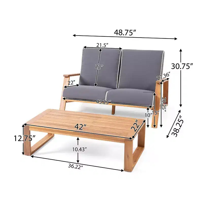 MAYEERTY 2-Piece Patio Conversation Set, Solid Acacia Wood Adirondack Loveseat Coffee Table with Weather Resistant Cushions