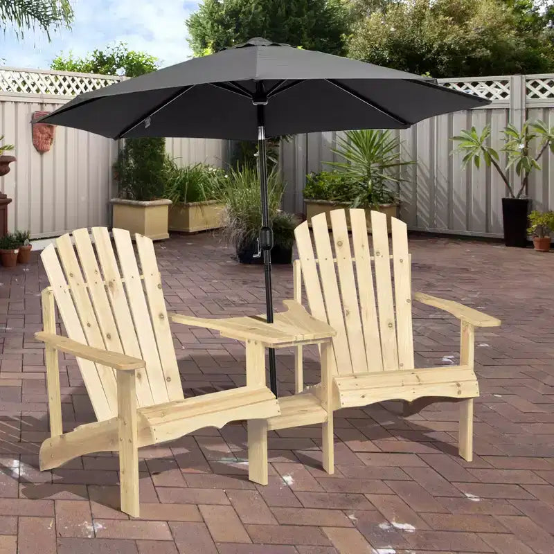 Assise pour foyer, 2 chaises Adirondack en bois avec table d'extérieur et trou pour parasol, banc Adirondack en bois pour 2 personnes, naturel
