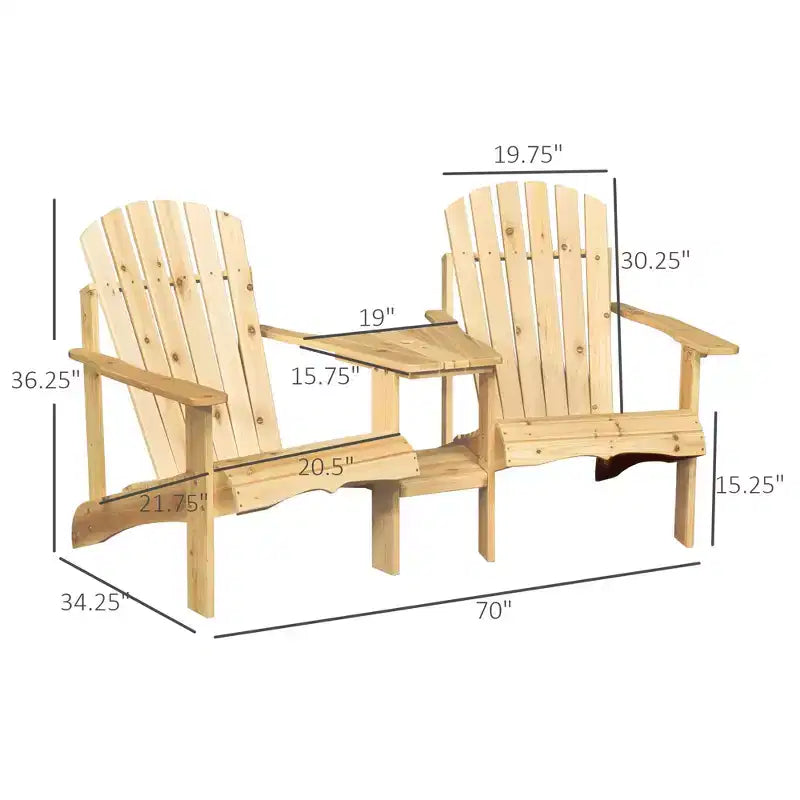 Assise pour foyer, 2 chaises Adirondack en bois avec table d'extérieur et trou pour parasol, banc Adirondack en bois pour 2 personnes, naturel