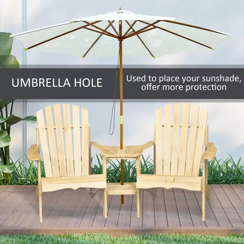 Assise pour foyer, 2 chaises Adirondack en bois avec table d'extérieur et trou pour parasol, banc Adirondack en bois pour 2 personnes, naturel