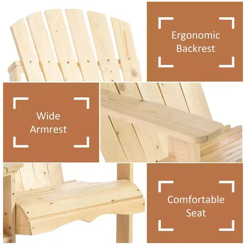 Assise pour foyer, 2 chaises Adirondack en bois avec table d'extérieur et trou pour parasol, banc Adirondack en bois pour 2 personnes, naturel