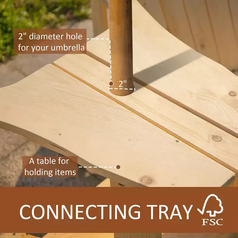 Assise pour foyer, 2 chaises Adirondack en bois avec table d'extérieur et trou pour parasol, banc Adirondack en bois pour 2 personnes, naturel