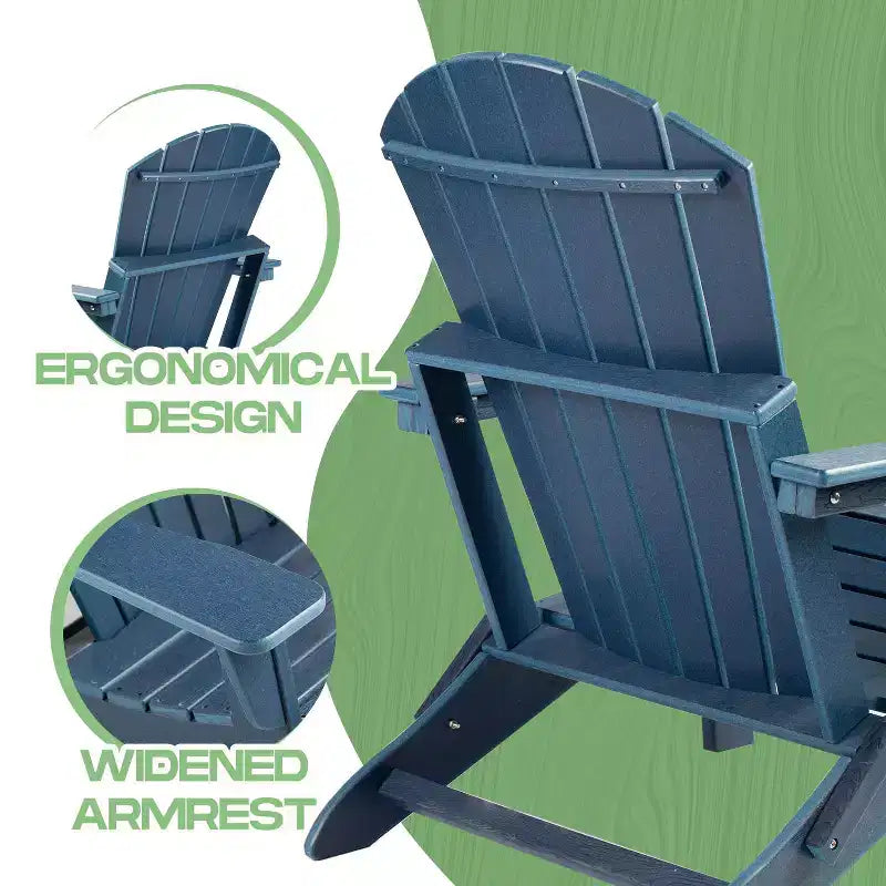 Folding Adirondack Chair  Deep Seat & Wide Armrests, Waterproof UV-Resistant Plastic Outdoor Chair for Patio, Lawn or Fire Pit