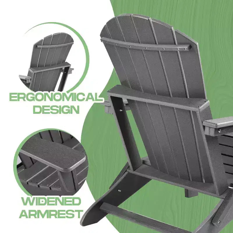 Folding Adirondack Chair  Deep Seat & Wide Armrests, Waterproof UV-Resistant Plastic Outdoor Chair for Patio, Lawn or Fire Pit