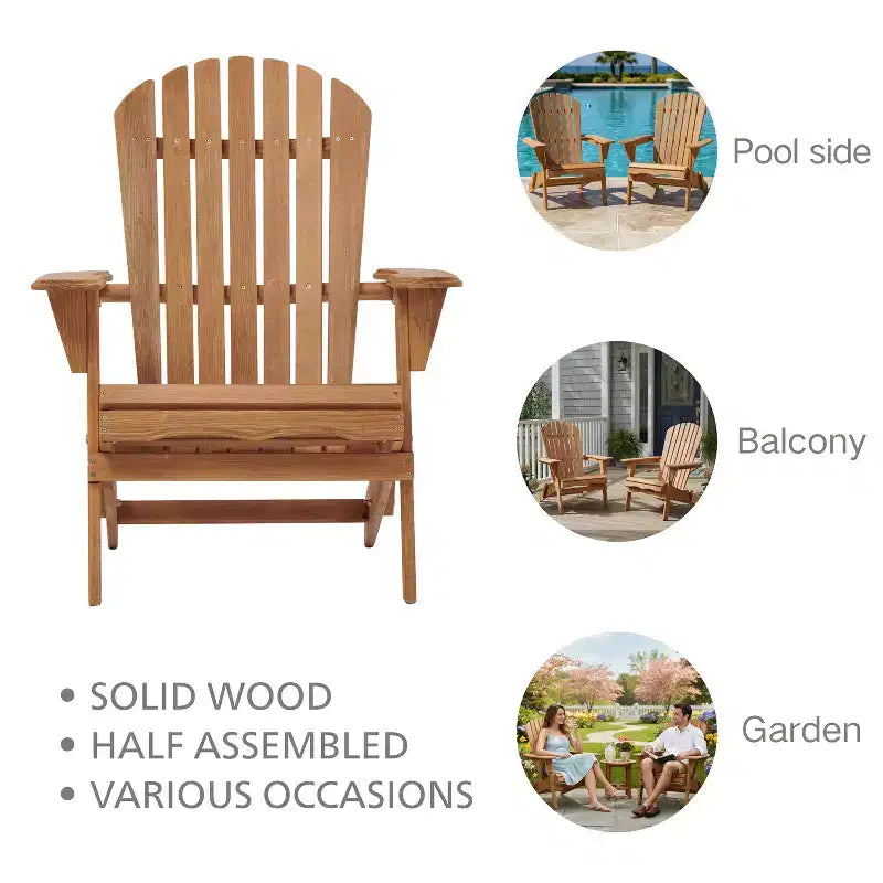 Outdoor Wooden Folding Adirondack Chair Set of 2 with BackRest, Wood Patio Chair for Garden Backyard