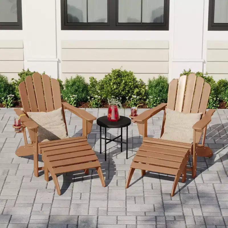 WestinTrends Highland 4-Piece Outdoor Patio HDPE Adirondack Chairs With Ottomans and Cup Holder Set, Teak