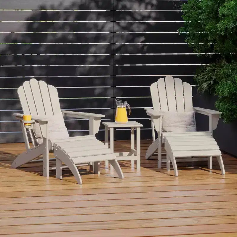 WestinTrends Highland 5-Piece Adirondack Chair with Folding Ottoman and Table Set, Sand