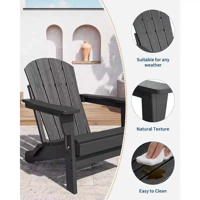 Fauteuil Adirondack Pliant Robuste en PEHD, Conception Pliable, Résistant aux Intempéries avec Texture Grain de Bois et Porte-Gobelet pour Patio, Pelouse, Jardin, Terrasse