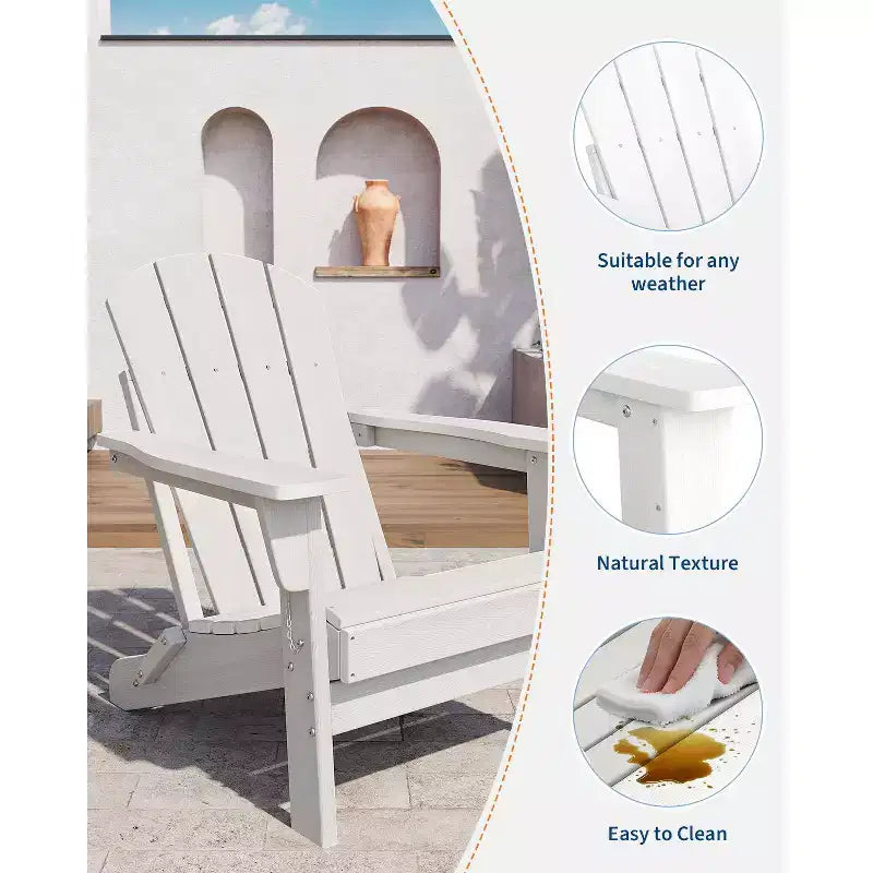 Fauteuil Adirondack Pliant Robuste en PEHD, Conception Pliable, Résistant aux Intempéries avec Texture Grain de Bois et Porte-Gobelet pour Patio, Pelouse, Jardin, Terrasse