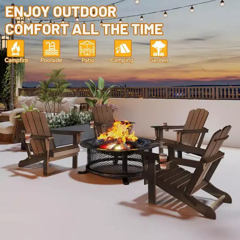 Set of 2 Adirondack Chairs with Cup Holder, Folding Plastic Adirondack Chairs, All-Weather Outdoor Patio Chairs for Backyard, Poolside-Panipeachy