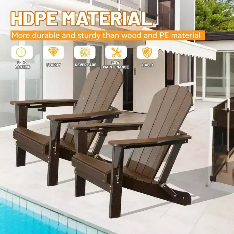 Set of 2 Adirondack Chairs with Cup Holder, Folding Plastic Adirondack Chairs, All-Weather Outdoor Patio Chairs for Backyard, Poolside-Panipeachy