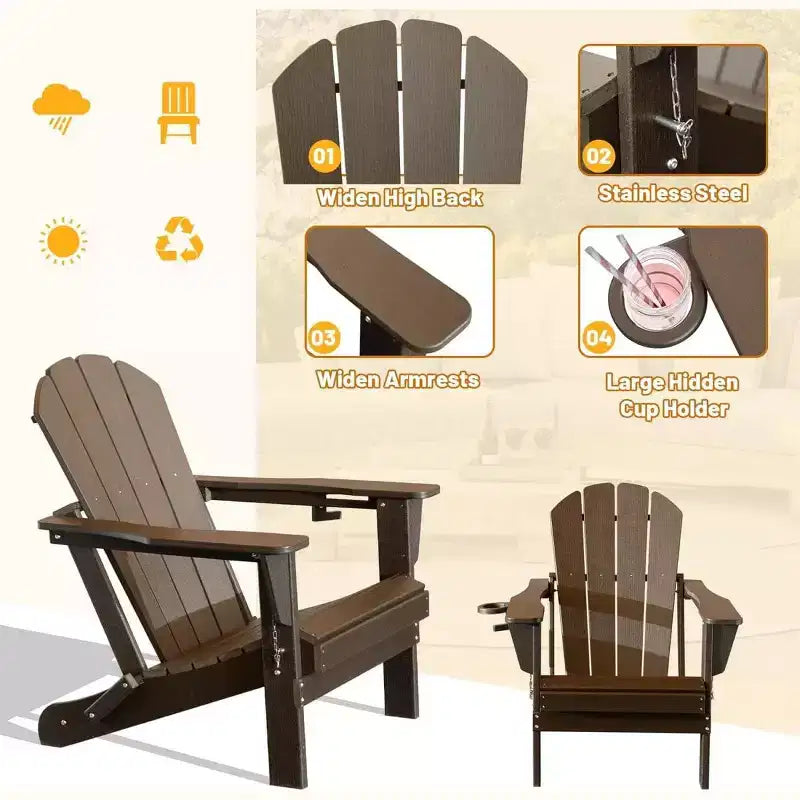 Set of 2 Adirondack Chairs with Cup Holder, Folding Plastic Adirondack Chairs, All-Weather Outdoor Patio Chairs for Backyard, Poolside-Panipeachy
