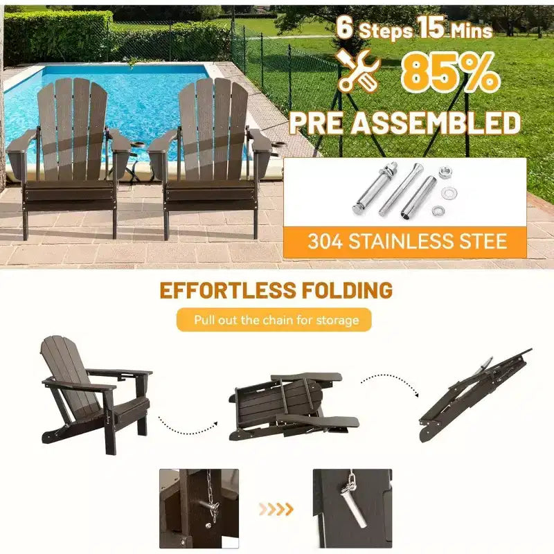 Set of 2 Adirondack Chairs with Cup Holder, Folding Plastic Adirondack Chairs, All-Weather Outdoor Patio Chairs for Backyard, Poolside-Panipeachy