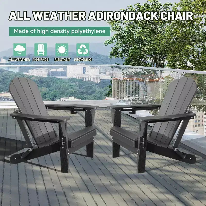 Set of 2 Adirondack Chairs with Cup Holder, Folding Plastic Adirondack Chairs, All-Weather Outdoor Patio Chairs for Backyard, Poolside-Panipeachy