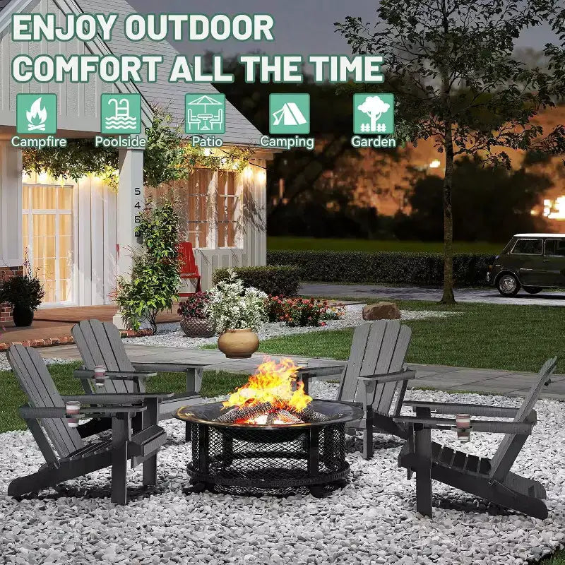Set of 2 Adirondack Chairs with Cup Holder, Folding Plastic Adirondack Chairs, All-Weather Outdoor Patio Chairs for Backyard, Poolside-Panipeachy