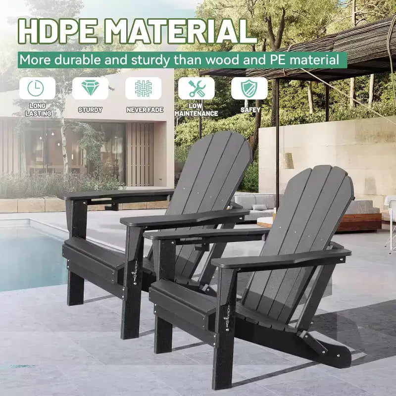 Set of 2 Adirondack Chairs with Cup Holder, Folding Plastic Adirondack Chairs, All-Weather Outdoor Patio Chairs for Backyard, Poolside-Panipeachy