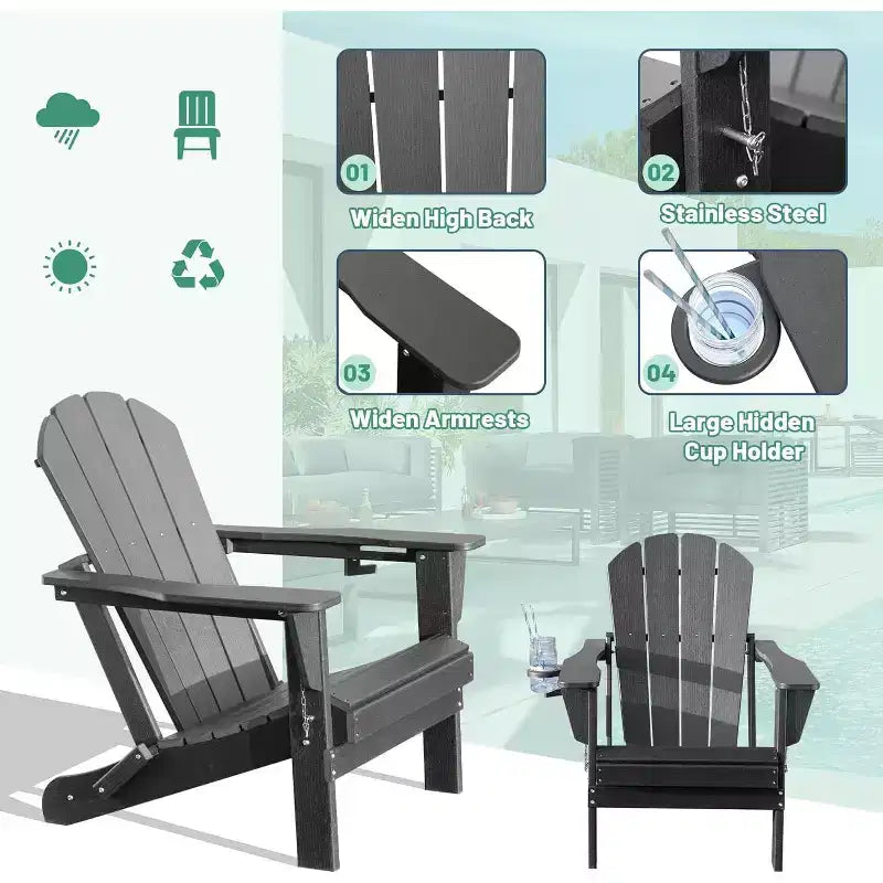 Set of 2 Adirondack Chairs with Cup Holder, Folding Plastic Adirondack Chairs, All-Weather Outdoor Patio Chairs for Backyard, Poolside-Panipeachy