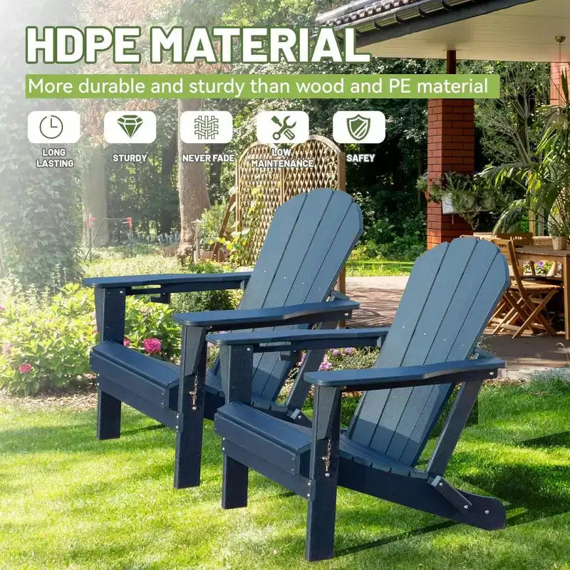 Set of 2 Adirondack Chairs with Cup Holder, Folding Plastic Adirondack Chairs, All-Weather Outdoor Patio Chairs for Backyard, Poolside-Panipeachy