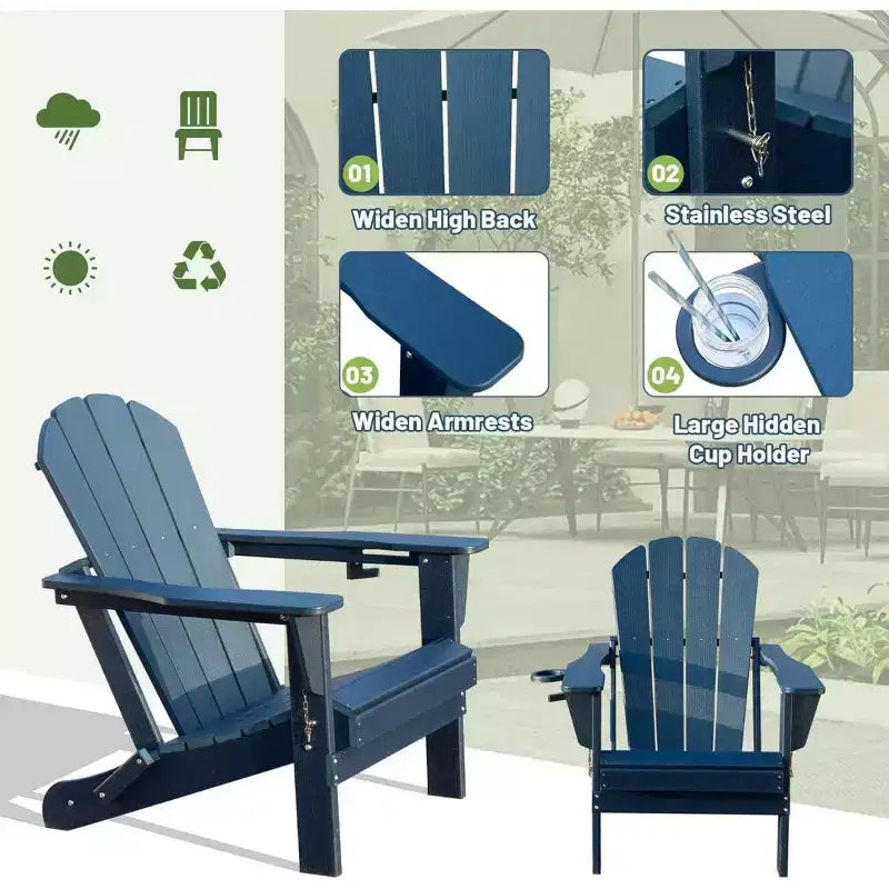 Set of 2 Adirondack Chairs with Cup Holder, Folding Plastic Adirondack Chairs, All-Weather Outdoor Patio Chairs for Backyard, Poolside-Panipeachy